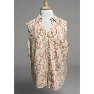 CJ BANKS Women's 2X Linen & Cotton Blend Sleeveless Button Down Blouse Abstract